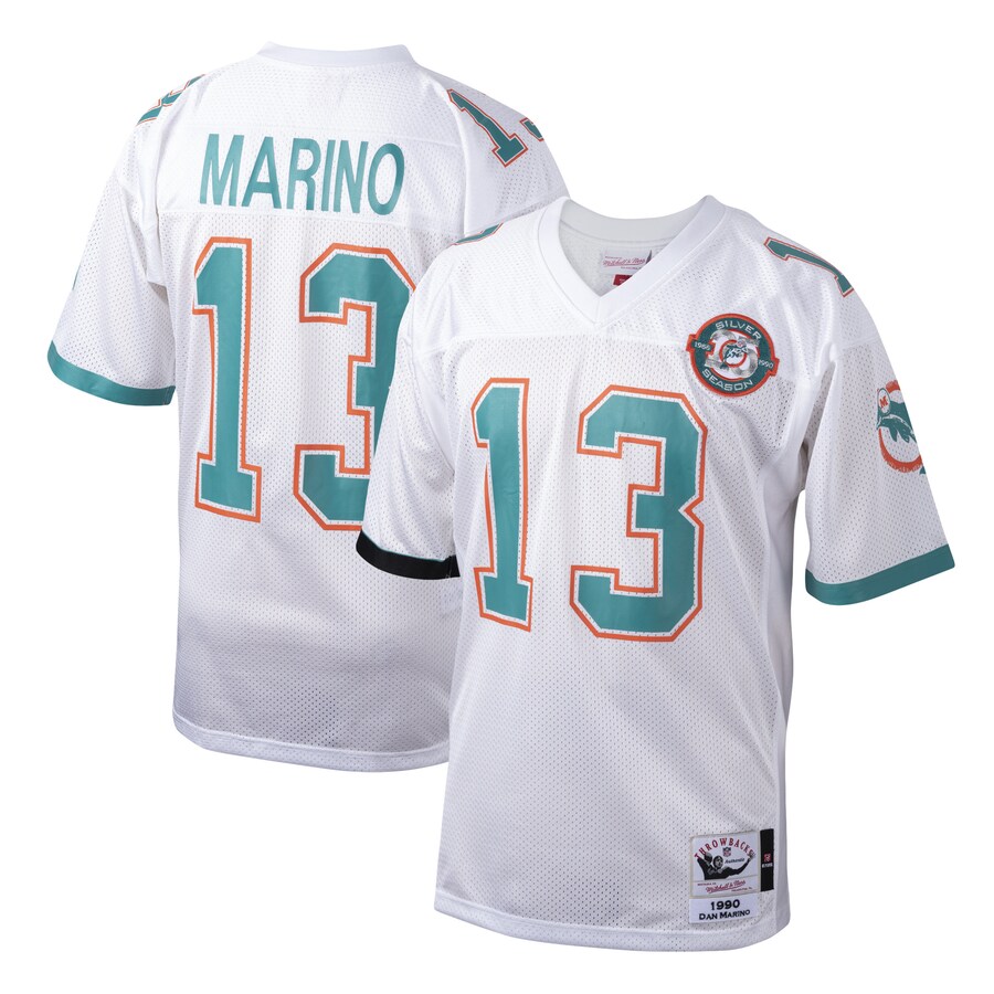 Custom Men Mitchell Ness Dan Marino White Miami Dolphins 1990 Authentic Throwback Retired Player NFL Jersey